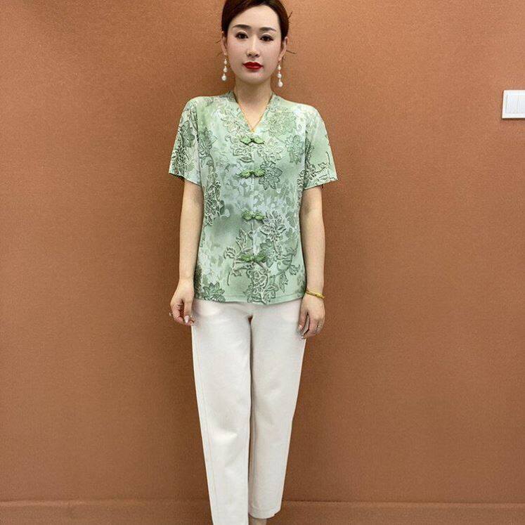 ~聚光点女装印花排扣短袖T恤夏季女款新国风半袖小衫时尚妈妈装