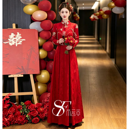 敬酒服新娘旗袍两件套复古中国风红色长袖结婚高端气质订婚礼服女