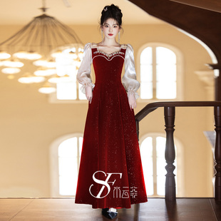 红色丝绒绝美订婚礼服裙女 长袖 敬酒服新娘高级感2025新款 流行冬季