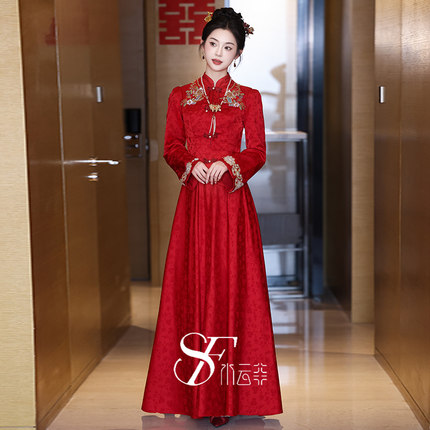 敬酒服新娘2025新款国风红色长袖新中式高级感订婚礼服女结婚旗袍