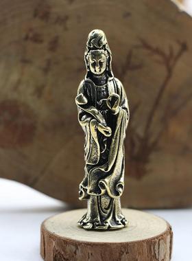 黄铜实心如意观世音佛像车内书桌家居随身保平安纯铜站神像小摆件