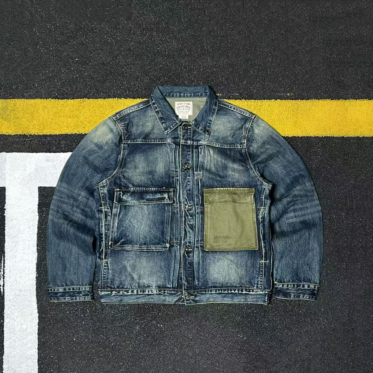 日系复古重磅全棉工装牛仔外套男宽松口袋做旧水洗夹克潮流