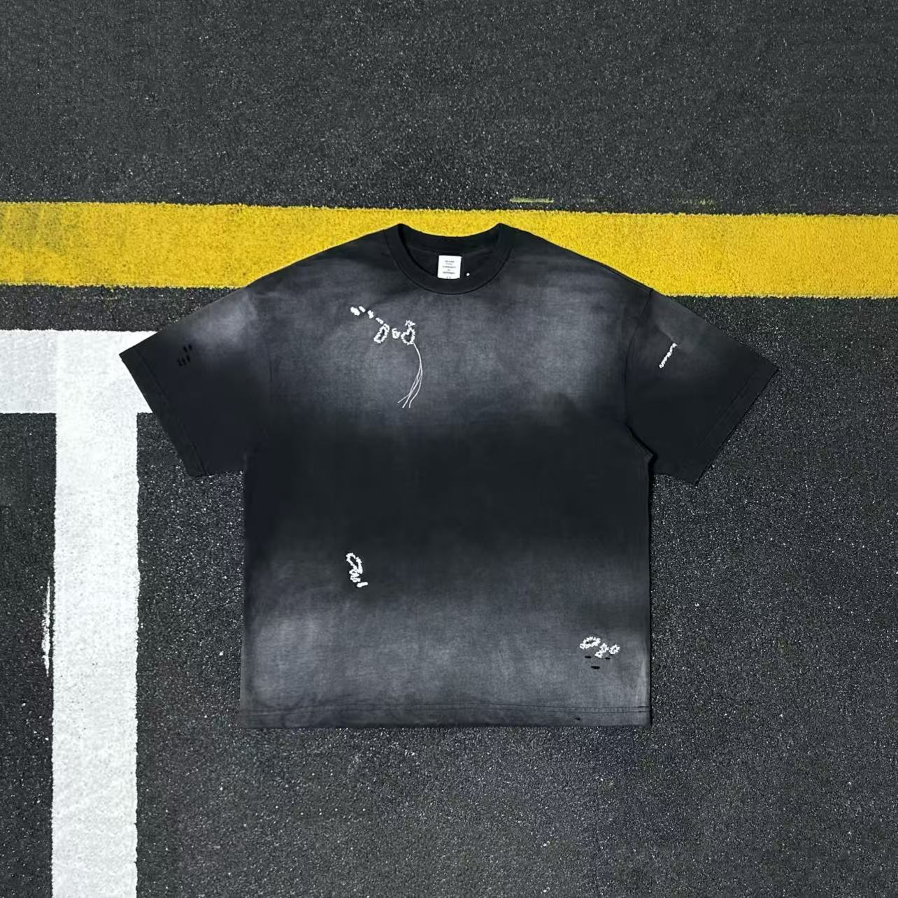 美式高街风全棉水洗做旧刺绣短袖T恤男女宽松复古潮流上衣