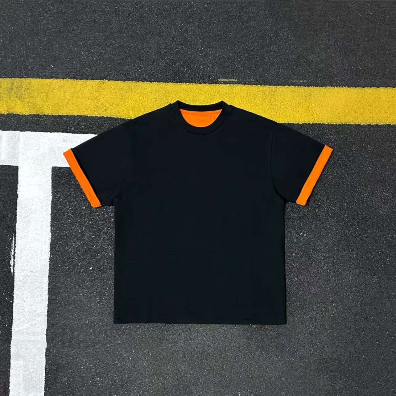 美式重磅纯棉撞色短袖T恤男女同款宽松圆领落肩黑色上衣