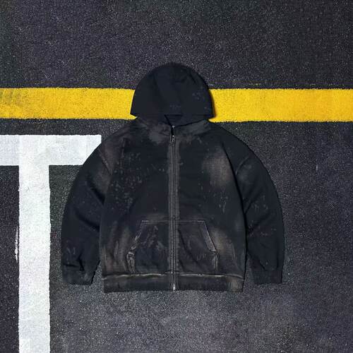 美式复古全棉泥染连帽卫衣男黑色水洗做旧拉链开衫外套高街风