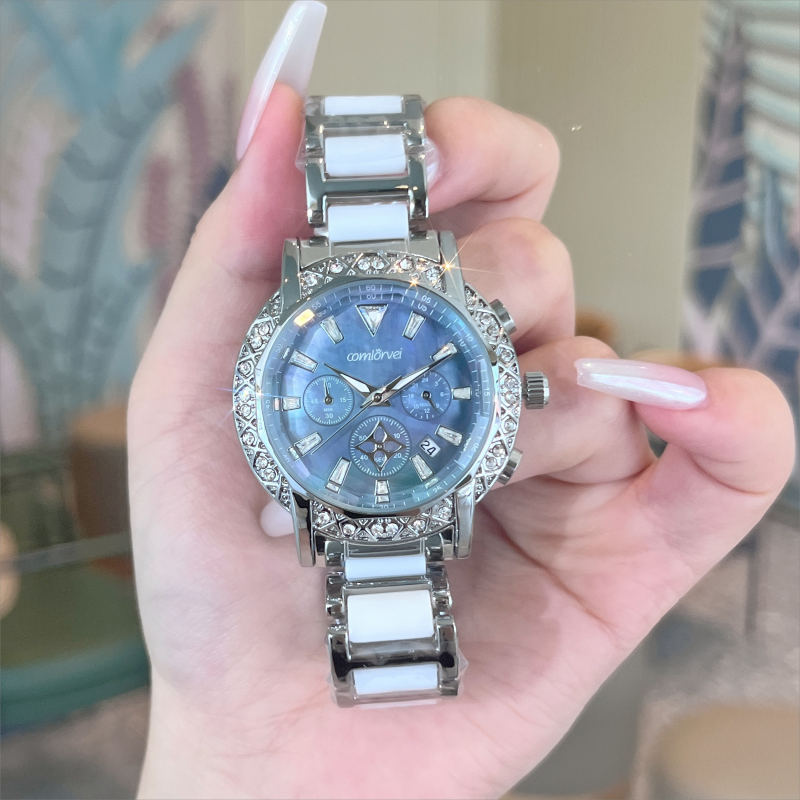 梦幻女神陶瓷白手表女款蓝色正品名牌镶钻高级感日历学生机械女表