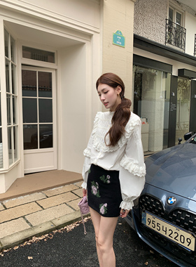 SourceWithU 乌斯洛古堡 纯棉b入花边灯笼袖衬衫法式高级感上衣女