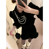 SourceWithU新年倒计时 套装 法式 富家千金黑丝绒收腰上衣花边短裤