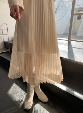SourceWithYou 温柔奶杏 米色微透高腰半身裙百褶裙气质雪纺长裙