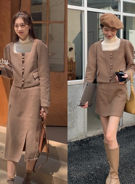 source with u 欧尼爱的羊毛精纺法式短款外套+侧开叉半裙套装