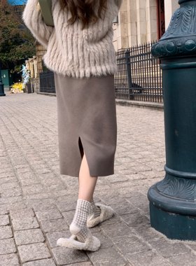 SourceWithU 韩国欧尼标配 低饱和灰绿松紧腰百搭开衩直筒半身裙