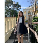 SourceWithU 连衣裙黑白拼接气质裙子女 短款 暮色庄园 小香风无袖