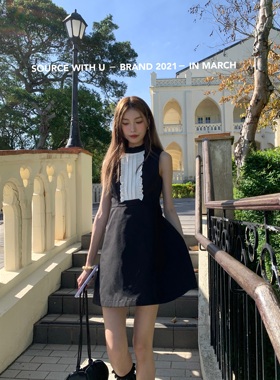 SourceWithU  暮色庄园 小香风无袖短款连衣裙黑白拼接气质裙子女