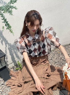 SourceWithU  韩po私服 高级感配色透服菱格泡泡袖衬衫女短袖上衣
