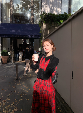 SourceWithU【绝版私服】魔女宅急便红格纹节日背心连衣裙a字长裙