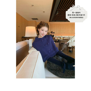 SourceWithU 黛西小姐 澳羊毛密支翻领针织斗篷深蓝色蝴蝶结手套