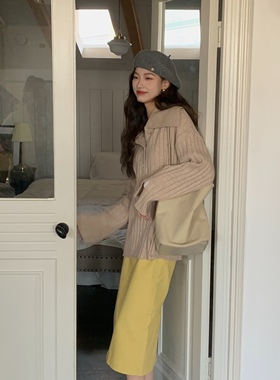 SourceWithU木浦溏心蛋 元气韩妹奶黄色牛仔半身裙直筒中长款裙子