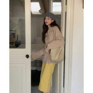 SourceWithU木浦溏心蛋 元气韩妹奶黄色牛仔半身裙直筒中长款裙子