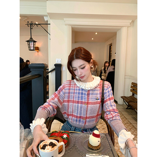 叠穿马甲背心秋冬 复古格纹圆领绵毛针织开衫 SourceWithU西 后vtg