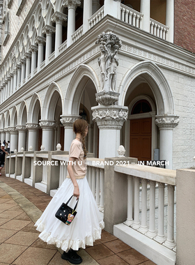 SourceWithU 立体花苞百褶裙米白色高腰半身裙长短款