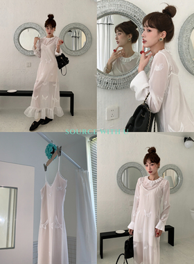 SourceWithU 夏梦蝶 刺绣V领宽松吊带纱裙蝴蝶上衣女白色波点外套