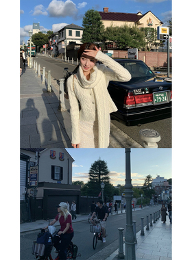 SourceWithU 雪国列车 温柔围巾款羊毛混纺麻花针织开衫亮片半裙