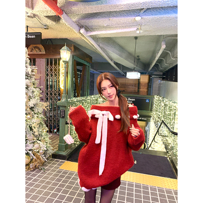 SourceWithU深红拼接一字肩毛衣