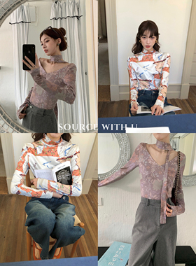 SourceWithU 插画师系列 艺术感撞色拼接修身tee印花小众长袖上衣