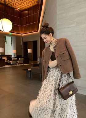 SourceWithU 松露香颂 羊毛法式棕咖短款夹羽绒小香风外套冬