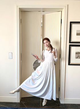 SourceWithU温柔白月光 蕾丝拼接缎面法式长裙优雅气质内搭连衣裙