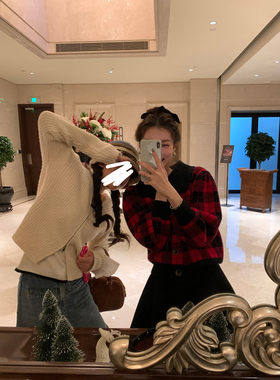 SourceWithU鲁道夫开衫2色新年节日氛围翻领针织衫女格子毛衣上衣