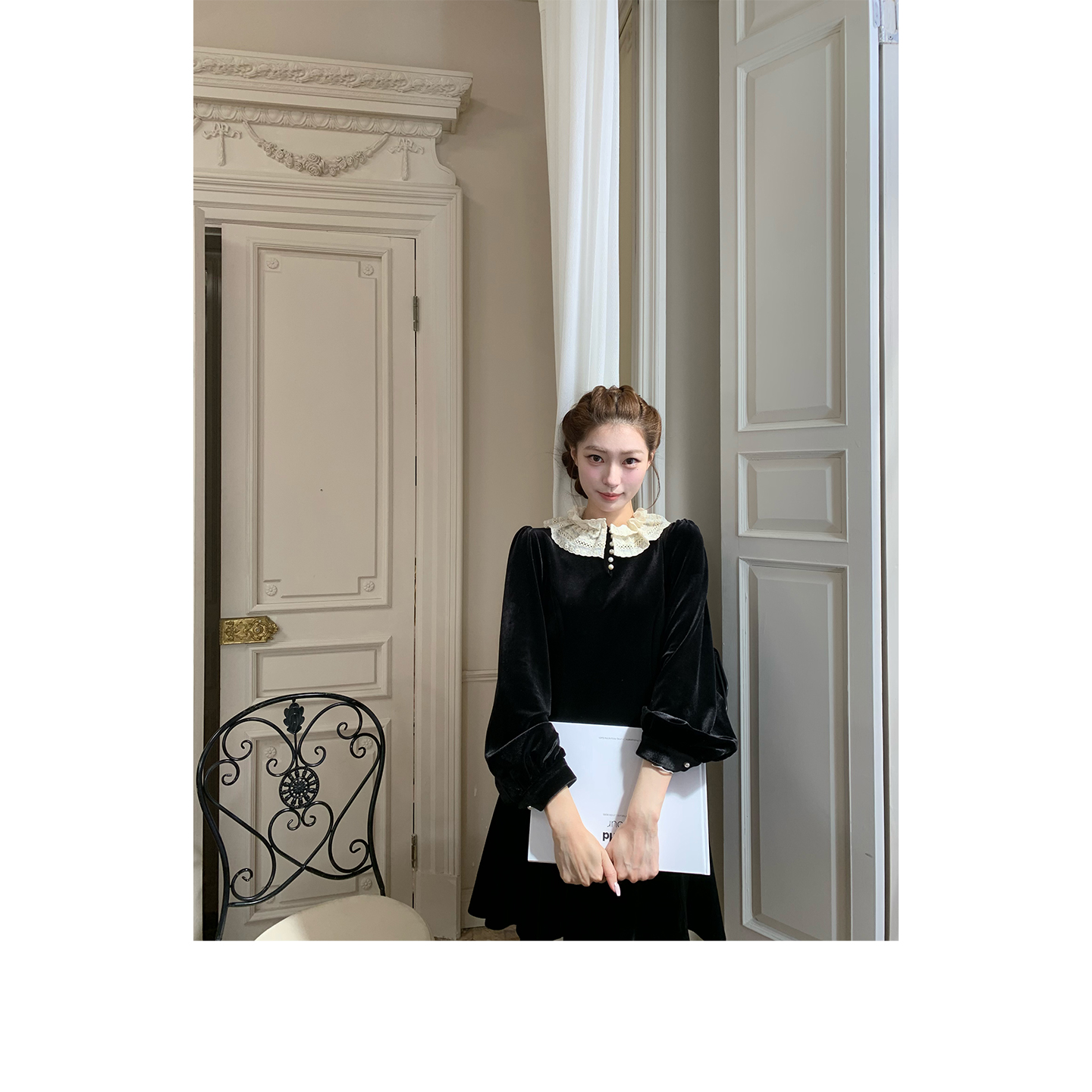 SourceWithU蕾丝翻领丝绒连衣裙