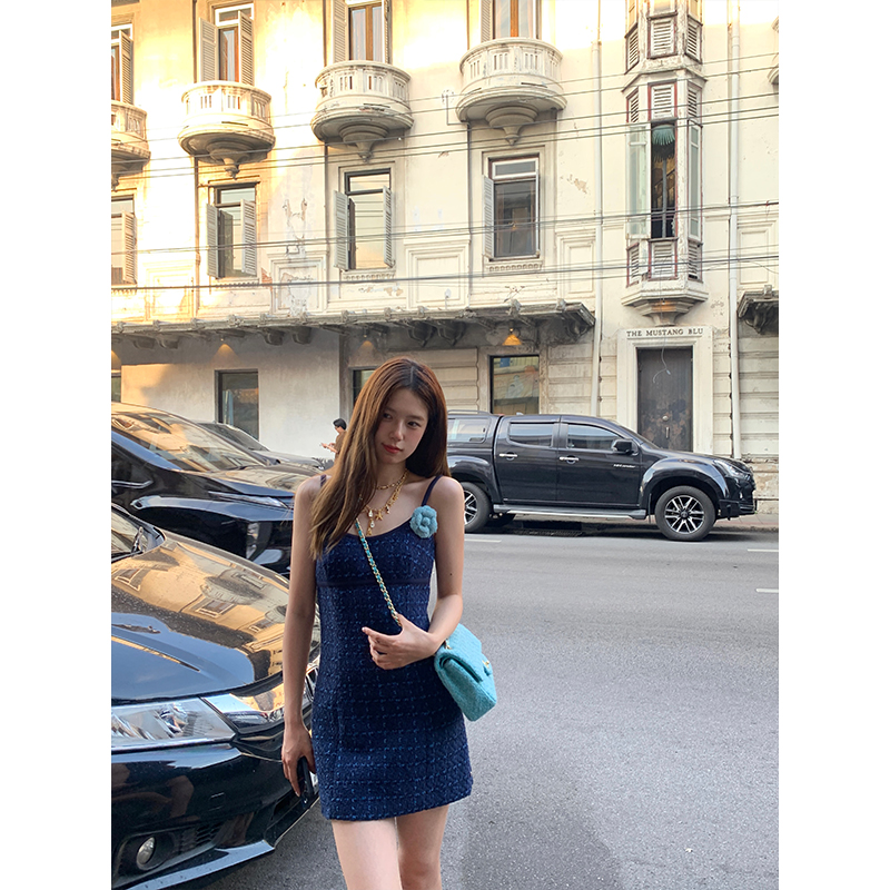 SourceWithU巴厘日光 60棉气质名媛风蓝色小香吊带裙高级感连衣裙