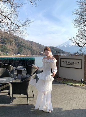 SourceWithU白色情人节 纯棉气质重工一字肩收腰衬衫双层蕾丝半裙