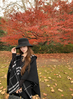 SourceWithU 伦敦落叶 bbr连帽50羊毛格纹双面斗篷披肩大衣外套女