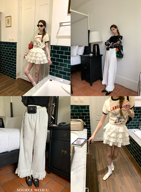 SourceWithU卡莫里初夏 水溶刺绣花边白色九分裤气质短款蛋糕半裙