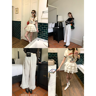 SourceWithU卡莫里初夏 水溶刺绣花边白色九分裤气质短款蛋糕半裙