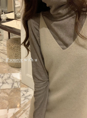 SourceWithU 质感配色tips 2色 细坑条高领针织衫女打底衫毛衣