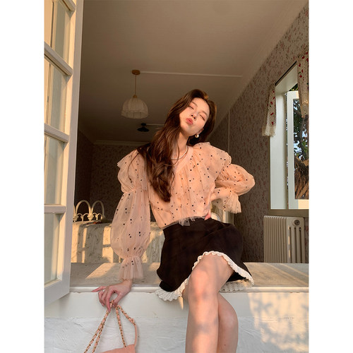 玫瑰波点雪纺上衣衬衫甜美半裙女