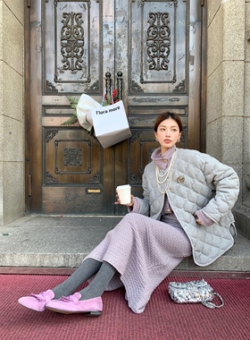 SourceWithU 摄政街落叶 50羊毛白鸭绒羽绒服灰色菱格圆领外套女