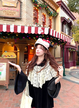 SourceWithU 新年缪斯 黑丝绒小斗篷外套钩花披肩红格纹半身裙裤