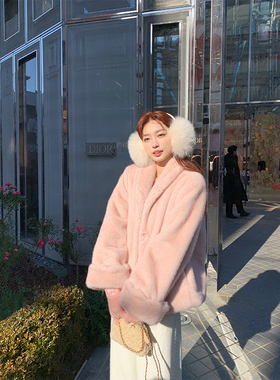 SourceWithU温柔樱花 冬季温柔短款浴袍领环保皮草外套毛毛上衣女