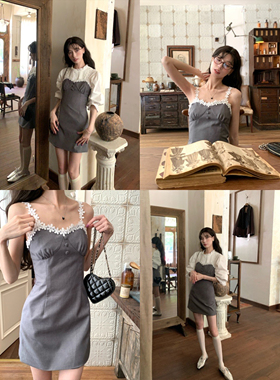 SourceWithU 廊桥白花 得体剪裁灰色西装吊带裙收腰显瘦连衣裙女