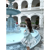 SourceWithU zim同款 清冷显白湖绿度假蕾丝裙设计感花边连衣裙