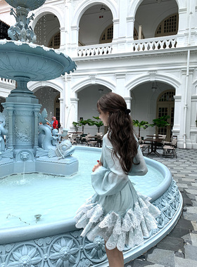 SourceWithU【zim同款】清冷显白湖绿度假蕾丝裙设计感花边连衣裙