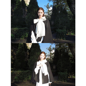 SourceWithU留洋大小姐 棉黑色圆领斗篷外套 气质优雅60棉垂顺西装