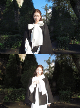 SourceWithU留洋大小姐 气质优雅60棉垂顺西装棉黑色圆领斗篷外套