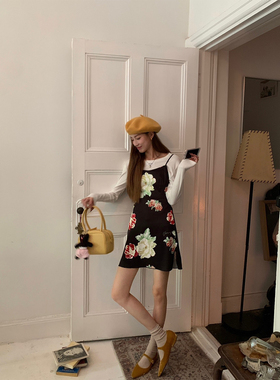 SourceWithU 布朗日记 复古花卉收腰简约吊带连衣裙短款高级裙子