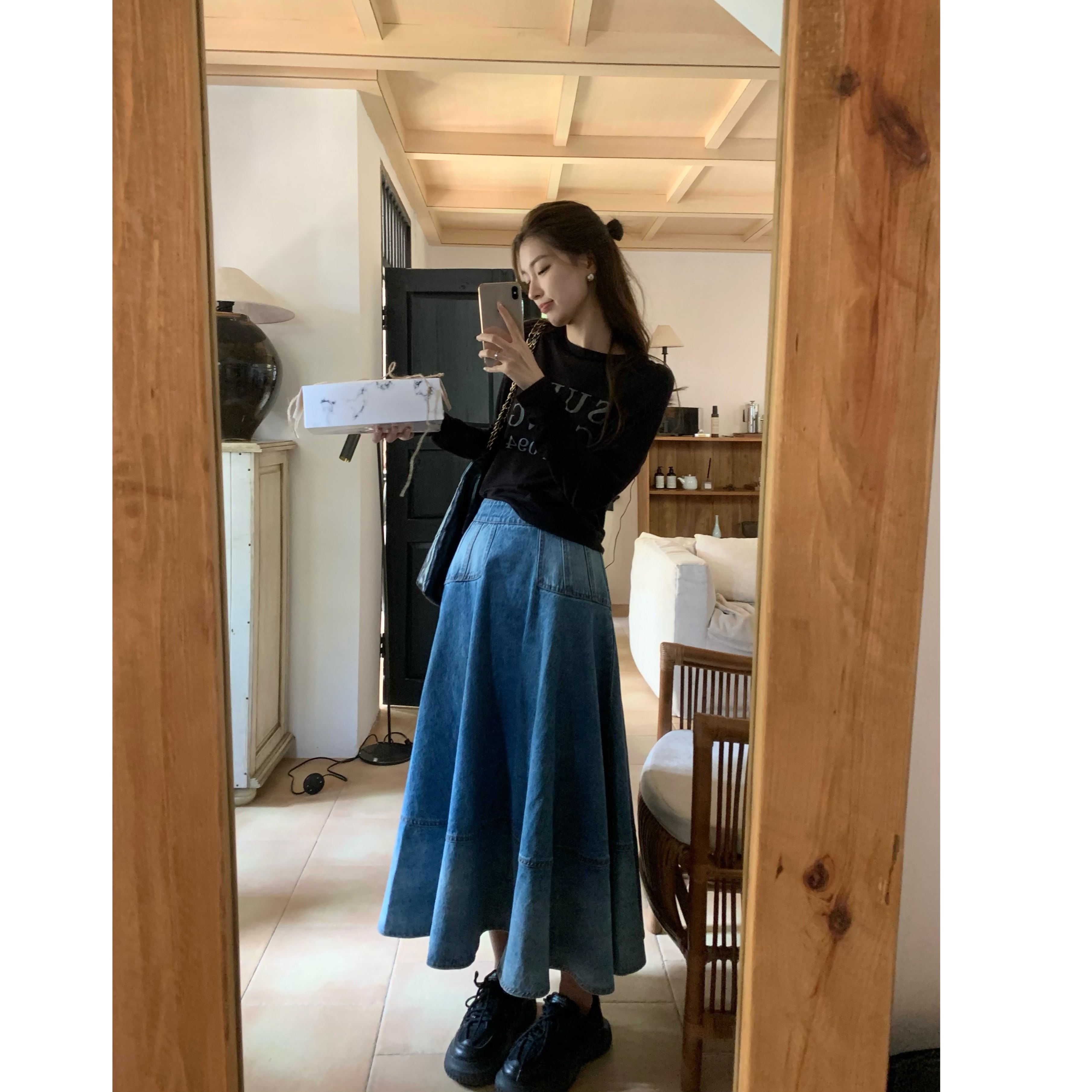 SourceWithU 春川假日 长/短款高街质感水洗渐变牛仔半裙波浪伞裙