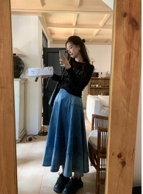 SourceWithU 春川假日 长/短款高街质感水洗渐变牛仔半裙波浪伞裙